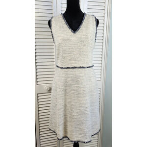 Loft Dress 8 White Blue Tweed Sleeveless Fringe Trim Zip Back A-Line Preppy